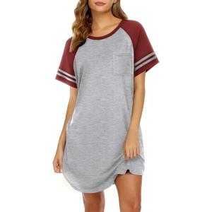 Ekouaer Nightgowns for Women Short Sleeve Sleepshirts Crew Neck Nightshirts Color Block Pajamas Dress Soft Sleepwear(Light Grey)