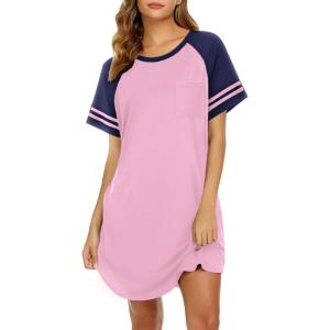 Ekouaer Nightgowns for Women Short Sleeve Sleepshirts Crew Neck Nightshirts Color Block Pajamas Dress Soft Sleepwear(Light Pink)