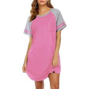 Ekouaer Nightgowns for Women Short Sleeve Sleepshirts Crew Neck Nightshirts Color Block Pajamas Dress Soft Sleepwear(Peach Pink)