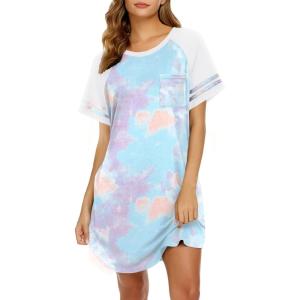 Ekouaer Nightgowns for Women Short Sleeve Sleepshirts Crew Neck Nightshirts Color Block Pajamas Dress Soft Sleepwear(Purple Tie Dye)