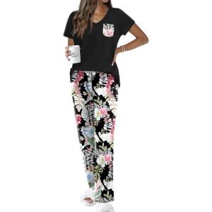 Ekouaer Pajama Sets for Women Short Sleeve Pj Set V Neck Sleepwear Chest Pocket with Long Pants Casual Loose Loungewear(Black Monstera)