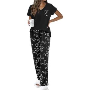 Ekouaer Pajama Sets for Women Short Sleeve Pj Set V Neck Sleepwear Chest Pocket with Long Pants Casual Loose Loungewear(Black White Floral)
