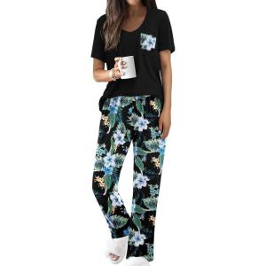 Ekouaer Pajama Sets for Women Short Sleeve Pj Set V Neck Sleepwear Chest Pocket with Long Pants Casual Loose Loungewear(Black-blue Flower)