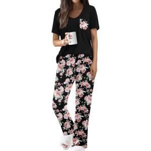 Ekouaer Pajama Sets for Women Short Sleeve Pj Set V Neck Sleepwear Chest Pocket with Long Pants Casual Loose Loungewear(Black-pink Flower)