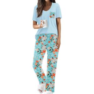 Ekouaer Pajama Sets for Women Short Sleeve Pj Set V Neck Sleepwear Chest Pocket with Long Pants Casual Loose Loungewear(Blue-green Flower)