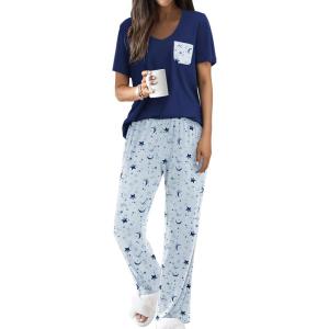 Ekouaer Pajama Sets for Women Short Sleeve Pj Set V Neck Sleepwear Chest Pocket with Long Pants Casual Loose Loungewear(Blue-navy Star)