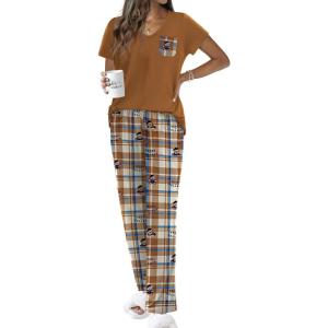 Ekouaer Pajama Sets for Women Short Sleeve Pj Set V Neck Sleepwear Chest Pocket with Long Pants Casual Loose Loungewear(Brown Bear)