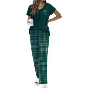 Ekouaer Pajama Sets for Women Short Sleeve Pj Set V Neck Sleepwear Chest Pocket with Long Pants Casual Loose Loungewear(Green Plaid)