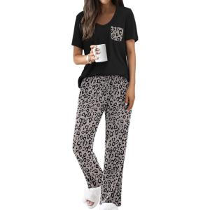 Ekouaer Pajama Sets for Women Short Sleeve Pj Set V Neck Sleepwear Chest Pocket with Long Pants Casual Loose Loungewear(Leopard Grey)