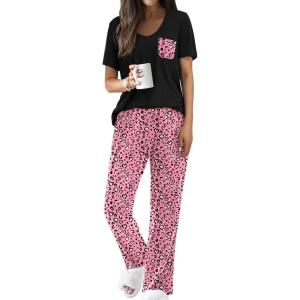 Ekouaer Pajama Sets for Women Short Sleeve Pj Set V Neck Sleepwear Chest Pocket with Long Pants Casual Loose Loungewear(Leopard Pink Love)