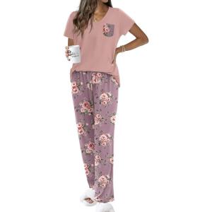 Ekouaer Pajama Sets for Women Short Sleeve Pj Set V Neck Sleepwear Chest Pocket with Long Pants Casual Loose Loungewear(Mauve Floral)