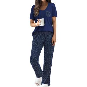 Ekouaer Pajama Sets for Women Short Sleeve Pj Set V Neck Sleepwear Chest Pocket with Long Pants Casual Loose Loungewear(Navy Dots)