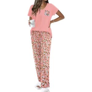 Ekouaer Pajama Sets for Women Short Sleeve Pj Set V Neck Sleepwear Chest Pocket with Long Pants Casual Loose Loungewear(Orange Pink Floral)