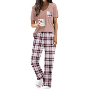 Ekouaer Pajama Sets for Women Short Sleeve Pj Set V Neck Sleepwear Chest Pocket with Long Pants Casual Loose Loungewear(Pink Plaid)