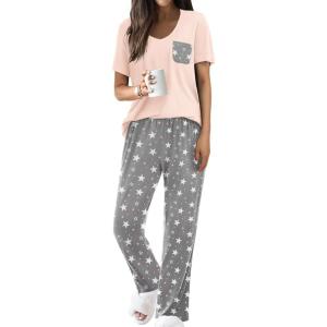 Ekouaer Pajama Sets for Women Short Sleeve Pj Set V Neck Sleepwear Chest Pocket with Long Pants Casual Loose Loungewear(Pink-grey Star)