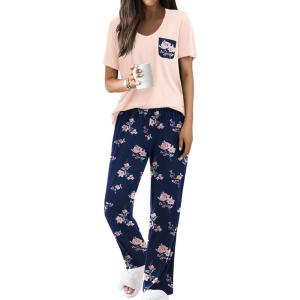 Ekouaer Pajama Sets for Women Short Sleeve Pj Set V Neck Sleepwear Chest Pocket with Long Pants Casual Loose Loungewear(Pink-navy Flower)