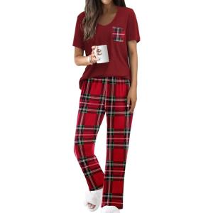 Ekouaer Pajama Sets for Women Short Sleeve Pj Set V Neck Sleepwear Chest Pocket with Long Pants Casual Loose Loungewear(Red-green Plaid)