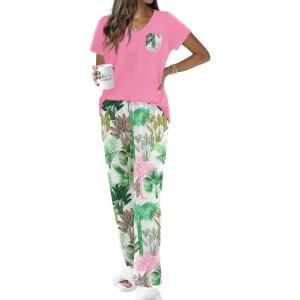 Ekouaer Pajama Sets for Women Short Sleeve Pj Set V Neck Sleepwear Chest Pocket with Long Pants Casual Loose Loungewear(Rose Pink Palm Leaves)