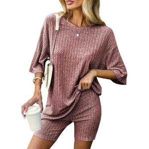 Ekouaer Pajamas 2 Piece Lounge Sets Ribbed Knit Matching Outfits T-shirt Biker Shorts Sleepwear Loungewear Sweatsuits(Burgundy)