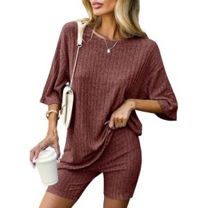 Ekouaer Pajamas 2 Piece Lounge Sets Ribbed Knit Matching Outfits T-shirt Biker Shorts Sleepwear Loungewear Sweatsuits(Caramel)