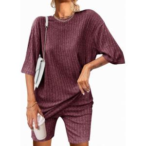 Ekouaer Pajamas 2 Piece Lounge Sets Ribbed Knit Matching Outfits T-shirt Biker Shorts Sleepwear Loungewear Sweatsuits(Dark Red)