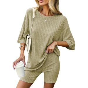 Ekouaer Pajamas 2 Piece Lounge Sets Ribbed Knit Matching Outfits T-shirt Biker Shorts Sleepwear Loungewear Sweatsuits(Gray Green)