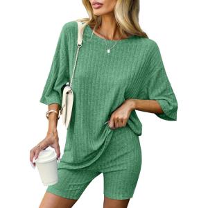 Ekouaer Pajamas 2 Piece Lounge Sets Ribbed Knit Matching Outfits T-shirt Biker Shorts Sleepwear Loungewear Sweatsuits(Green)
