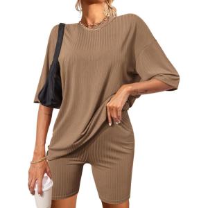 Ekouaer Pajamas 2 Piece Lounge Sets Ribbed Knit Matching Outfits T-shirt Biker Shorts Sleepwear Loungewear Sweatsuits(Khaki)