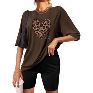 Ekouaer Pajamas 2 Piece Lounge Sets Ribbed Knit Matching Outfits T-shirt Biker Shorts Sleepwear Loungewear Sweatsuits(Leopard Heart)