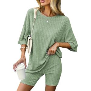 Ekouaer Pajamas 2 Piece Lounge Sets Ribbed Knit Matching Outfits T-shirt Biker Shorts Sleepwear Loungewear Sweatsuits(Light Green)