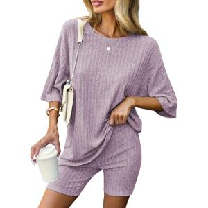 Ekouaer Pajamas 2 Piece Lounge Sets Ribbed Knit Matching Outfits T-shirt Biker Shorts Sleepwear Loungewear Sweatsuits(Light Pink)
