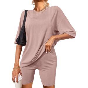 Ekouaer Pajamas 2 Piece Lounge Sets Ribbed Knit Matching Outfits T-shirt Biker Shorts Sleepwear Loungewear Sweatsuits(Pink)