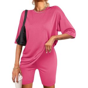 Ekouaer Pajamas 2 Piece Lounge Sets Ribbed Knit Matching Outfits T-shirt Biker Shorts Sleepwear Loungewear Sweatsuits(Rose Pink)