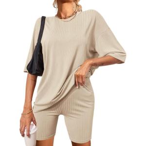 Ekouaer Pajamas 2 Piece Lounge Sets Ribbed Knit Matching Outfits T-shirt Biker Shorts Sleepwear Loungewear Sweatsuits(Yellow)