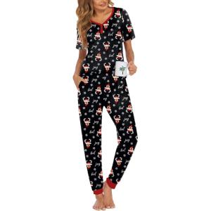 Ekouaer Pajamas for Women Set 2 Piece Lounge Set Short Sleeve Pjs Joggers Long Pants Sleepwear with Pockets(Black Christmas)