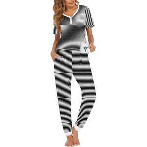 Ekouaer Pajamas for Women Set 2 Piece Lounge Set Short Sleeve Pjs Joggers Long Pants Sleepwear with Pockets(Black Stripe)