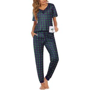 Ekouaer Pajamas for Women Set 2 Piece Lounge Set Short Sleeve Pjs Joggers Long Pants Sleepwear with Pockets(Blue Purple Plaid)