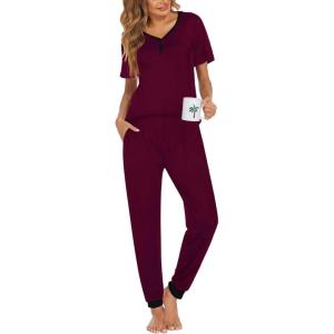 Ekouaer Pajamas for Women Set 2 Piece Lounge Set Short Sleeve Pjs Joggers Long Pants Sleepwear with Pockets(Dark Red-black)