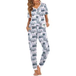 Ekouaer Pajamas for Women Set 2 Piece Lounge Set Short Sleeve Pjs Joggers Long Pants Sleepwear with Pockets(Gery Cat)