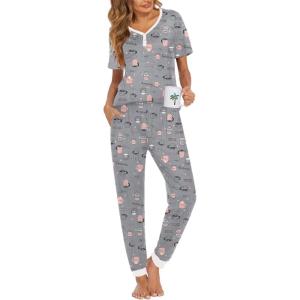 Ekouaer Pajamas for Women Set 2 Piece Lounge Set Short Sleeve Pjs Joggers Long Pants Sleepwear with Pockets(Gery Coffee)