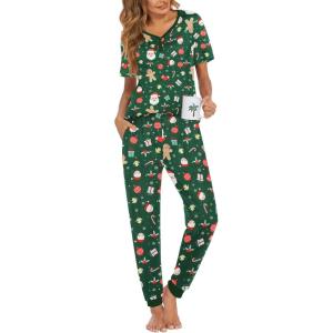 Ekouaer Pajamas for Women Set 2 Piece Lounge Set Short Sleeve Pjs Joggers Long Pants Sleepwear with Pockets(Green Christmas-santa)
