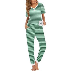 Ekouaer Pajamas for Women Set 2 Piece Lounge Set Short Sleeve Pjs Joggers Long Pants Sleepwear with Pockets(Green Stripe)