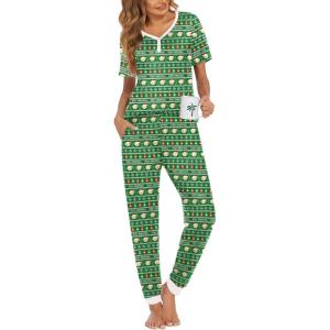Ekouaer Pajamas for Women Set 2 Piece Lounge Set Short Sleeve Pjs Joggers Long Pants Sleepwear with Pockets(Green-teddy Christmas)