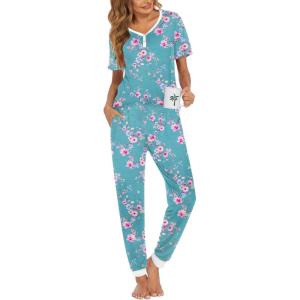 Ekouaer Pajamas for Women Set 2 Piece Lounge Set Short Sleeve Pjs Joggers Long Pants Sleepwear with Pockets(Light Blue Flower)