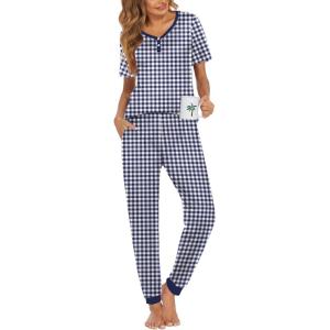 Ekouaer Pajamas for Women Set 2 Piece Lounge Set Short Sleeve Pjs Joggers Long Pants Sleepwear with Pockets(Navy Plaid)