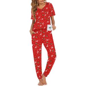 Ekouaer Pajamas for Women Set 2 Piece Lounge Set Short Sleeve Pjs Joggers Long Pants Sleepwear with Pockets(Red Deer Christmas)