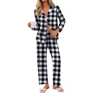 Ekouaer Pajamas for Women Set Button Down Pj Long Sleeve Shirt and Pants Lounge Sets Fall Sleepwear with Pockets(Black Plaid)