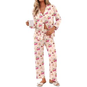 Ekouaer Pajamas for Women Set Button Down Pj Long Sleeve Shirt and Pants Lounge Sets Fall Sleepwear with Pockets(Cherry Teddy)