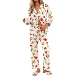 Ekouaer Pajamas for Women Set Button Down Pj Long Sleeve Shirt and Pants Lounge Sets Fall Sleepwear with Pockets(Gingerbread Wreath)