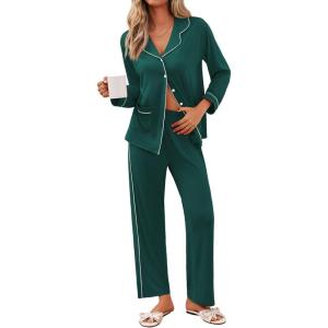 Ekouaer Pajamas for Women Set Button Down Pj Long Sleeve Shirt and Pants Lounge Sets Fall Sleepwear with Pockets(Lake Green)